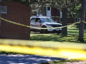 A Windsor police vehicle and crime scene tape in the 2600 block of Sycamore Drive on June 16, 2021. The previous night, a violent incident resulted in the stabbing death of a London man.