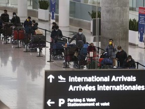 The arrivals lineup in Terminal One at Toronto's Pearson International Airport, Feb. 22, 2021.