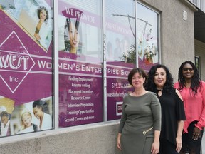 A new program, organized by Women's Enterprise Skills Training (WEST) of Windsor, hopes a combination of trauma awareness sessions and yoga will help women combat gender and race-based violence. Pictured, organizers Mary-Jo Rusu, Rose Anguiano Hurst and Joan Simpson, WEST staff members who launched the program Thursday.