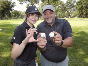 Madison Scali, 15, and her father Jason Scali take a short break for a photo on Monday, July 5, 2021, during the marathon 100 holes of golf day charity event at the Beach Grove Golf & Country Club in Tecumseh.