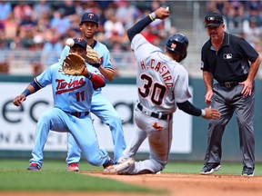 Jorge Polanco of the Minnesota Twins tags out Harold Castro of the Detroit Tigers in the sixth inning at Target Field on July 10, 2021 in Minneapolis, Minnesota. The Minnesota Twins defeated the Detroit Tigers 9-4.