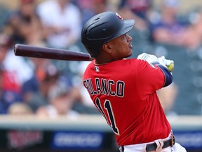 Jorge Polanco of the Minnesota Twins hits a walk off home run in the tenth inning against the Detroit Tigers at Target Field on July 11, 2021 in Minneapolis, Minnesota. The Minnesota Twins defeated the Detroit Tigers 12-9 in ten innings.