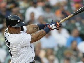 Miguel Cabrera of the Detroit Tigers hits his 2,937th hit during the first inning of a game against the Baltimore Orioles at Comerica Park on July 29, 2021, in Detroit, Michigan.