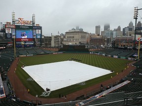 The game between the Toronto Blue Jays and the Detroit Tigers is in a rain delay at Comerica Park  on April 9, 2013 in Detroit, Michigan.