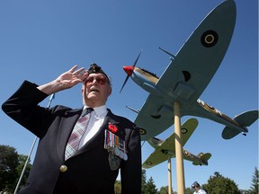 Windsor, ON. September 16/2007 - RCAF veteran Art Anderson, 89, salutes during the Battle of Britain memorial ceremony held Sunday at Jackson Park.  Anderson other crew members in a DC3 Dakota were shot down on September 19, 1944 while on a supply mission to Arnhem, Netherlands.  Anderson survived the crash landing and spent two months on the run and was finally captured by the Germans.  Anderson was placed in a POW camp for six months.  See story.  The Windsor Star - Nick Brancaccio