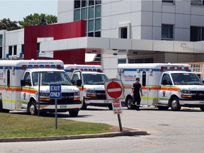 Essex-Windsor EMS ambulances are shown outside Leamington's Erie Shores HealthCare on July 2, 2020.