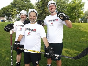 The #Courage21 Windsor to Ottawa Inline Skate Fundraiser to support Blind Hockey Canada takes place September 1. (Pictured L-R) Blind players Matt Shaw and Mark DeMontis pose with Mark Morrow Executive Director of Canadian Blind Hockey