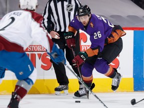 Michael Chaput of the Arizona Coyotes skates with the puck against the Colorado Avalanche during the first period of the NHL game at Gila River Arena on Feb. 27, 2021 in Glendale, Ariz.