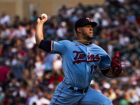 Jose Berrios of the Minnesota Twins pitches in the second inning of the game against the Los Angeles Angels at Target Field on July 24, 2021 in Minneapolis, Minn.