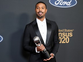 MIchael B. Jordan poses backstage with his trophy for Outstanding Actor in a Motion Picture for "Just Mercy” at the NAACP Image Awards in Pasadena, California.