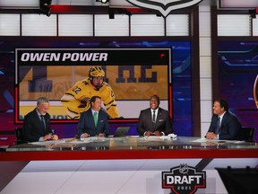 With the first pick in the 2021 NHL Entry Draft, the Buffalo Sabres select Owen Power during the first round of the 2021 NHL Entry Draft at the NHL Network studios on July 23, 2021 in Secaucus, N.J.