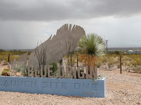 The front security gate to the Blue Origin complex is shown one day before the scheduled launch of billionaire American businessman Jeff Bezos and his three crewmates on the company's inaugural human flight to the edge of space, in West Texas, Texas, U.S. July 19, 2021.