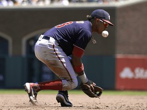Third baseman Starlin Castro of the Washington Nationals watches the ball bounce off his chest for an error against the San Francisco Giants at Oracle Park on July 10, 2021 in San Francisco.