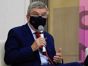 IOC President Thomas Bach speaks during a meeting with Tokyo Governor Yuriko Koike on July 15, 2021 in Tokyo, Japan.