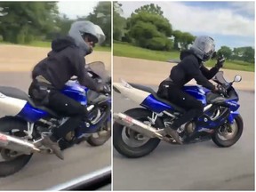 WATCH- Ontario motorcyclist spits on car, punches side mirror at highway speeds
