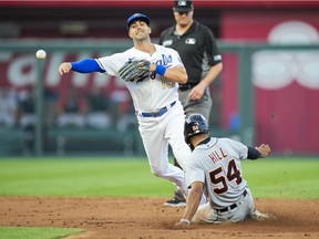 Kansas City Royals second baseman Whit Merrifield throws to first base after forcing out Detroit Tigers center fielder Derek Hill during the third inning at Kauffman Stadium.