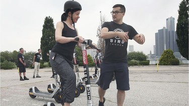 Bird Canada hosted a safe streets event on Thursday, July 8, 2021, in downtown Windsor. The event was designed to promote the responsible riding of the company's e-scooters and present basic operation techniques to new users. Here, Cheri Bradford gets some instruction from Bird technician Salikh Tursunov.