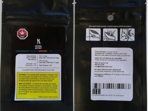A package of the recalled Natural History Zour Apples Full Flower Pre-Rolls is pictured in this photo released by Health Canada.