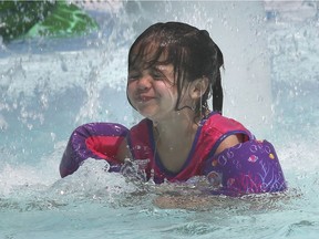 Wet, cool relief — and lots of fun. Sara Donais, 4, cools down at the Riverside municipal pool in Windsor on Monday, July 5, 2021. It was the first day in almost two years that outdoor city pools opened, and the timing was perfect as the area remains under a heat warning.