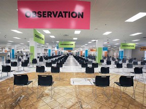 A view of the observation area of the COVID-19 vaccination centre at the Devonshire Mall in Windsor, photographed June 18, 2021.
