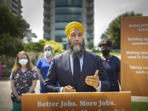 Federal NDP leader, Jasmeet Singh, holds a press conference at Reaume Park in Windsor, Ont., where he announced his party's "Better Jobs. More Jobs" plan, on Wednesday, July 14, 2021.