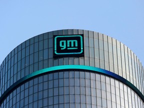 The new GM logo is seen on the facade of the General Motors headquarters in Detroit, Michigan, U.S., March 16, 2021.