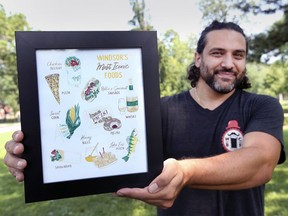 Adriano Ciotoli, co-owner of WindsorEats displays an artistic collage of Windsor's most iconic foods on Wednesday, July 28, 2021.