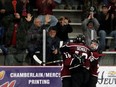 Chatham Maroons' Griffin Robinson (16), Eddie Schulz (19) and Matt Murray (55) celebrate Robinson's goal in the second overtime against the Sarnia Legionnaires at Chatham Memorial Arena in Chatham, Ont., on Sunday, Jan. 13, 2019. Mark Malone/Chatham Daily News/Postmedia Network