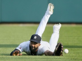 Centre fielder Derek Hill of the Detroit Tigers can't make the catch on a fly ball hit by Ryan Mountcastle of the Baltimore Orioles for an RBI-single during the third inning at Comerica Park on July 31, 2021, in Detroit, Michigan.