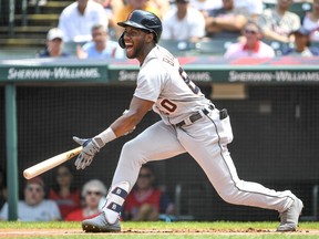 Akil Baddoo of the Detroit Tigers reacts to striking out against the Cleveland Indians during the top of the first inning at Progressive Field on August 08, 2021 in Cleveland, Ohio.
