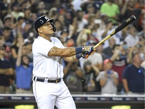 Miguel Cabrera of the Detroit Tigers bats against the Los Angeles Angels in the bottom of the ninth inning at Comerica Park on August 18, 2021 in Detroit, Michigan.