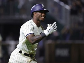 Tim Anderson of the Chicago White Sox celebrates a walk off two run home run during the ninth inning against the New York Yankees at the Field of Dreams on August 12, 2021 in Dyersville, Iowa.