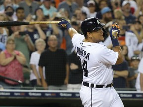 Miguel Cabrera of the Detroit Tigers flies out to center field to end the eight inning of the game against the Cleveland Indians at Comerica Park on August 13, 2021 in Detroit, Michigan.