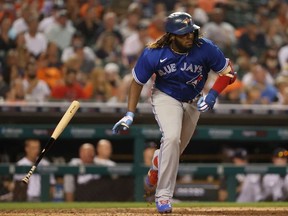 Vladimir Guerrero Jr. of the Toronto Blue Jays hits a sixth inning single against the Detroit Tigers at Comerica Park on August 27, 2021 in Detroit, Michigan.