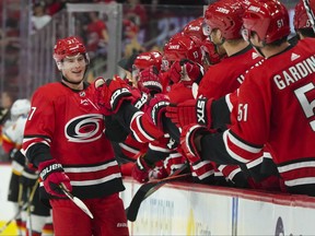 Carolina Hurricanes right wing Andrei Svechnikov celebrates after scoring a third period goal against the Calgary Flames at PNC Arena in Raleigh, N.C., Oct. 29, 2019.
