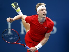 Canadian Denis Shapovalov serves to American Frances Tiafoe during the second round of the National Bank Open on Wednesday at Aviva Centre in Toronto.