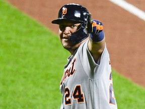 Detroit Tigers first baseman Miguel Cabrera point to the stands after hitting his 499th career home run in the fifth inning against the Baltimore Orioles  at Oriole Park at Camden Yards.