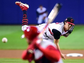 Cleveland Indians pitcher Cal Quantrill throws a pitch in the seventh inning against the Los Angeles Angels at BB&T Ballpark at Historic Bowman Field.