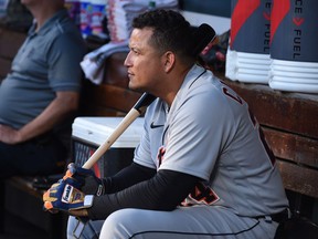Detroit Tigers first baseman Miguel Cabrera looks on prior to a game against the St. Louis Cardinals at Busch Stadium.