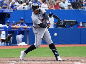 Detroit Tigers designated hitter Miguel Cabrera hits a solo homerun against the Toronto Blue Jays in the sixth inning at Rogers Centre. The homerun was the 500th of his career.