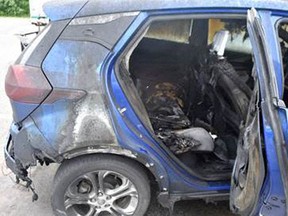 Image released by the Vermont State Police shows a 2019 Chevrolet Bolt EV after it caught fire on July 1, 2021 in Thetford, Vermont.