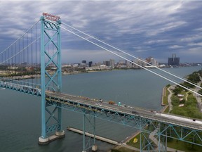 The Ambassador Bridge, a major international border crossing between the United States and Canada, is seen from the Canadian side on Saturday, June 19, 2021.