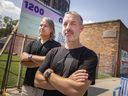 1200 Block/Motorburger owners, Gino Gesuale, left, and Jay Souillierre, stand in front of a dilapidated building in Ford City, on Wednesday, August 4, 2021, they are now ready to develop.