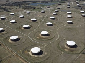 Crude oil storage tanks are seen from above at the Cushing oil hub, in Cushing, Oklahoma, U.S., March 24, 2016.
