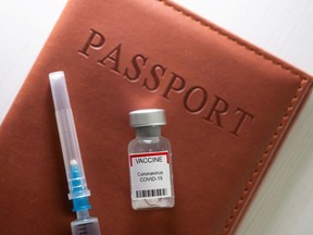 A syringe and a vial labelled "coronavirus disease (COVID-19) vaccine" are placed on a passport in this illustration taken April 27, 2021. Support for an Ontario vaccine passport is split in Windsor.