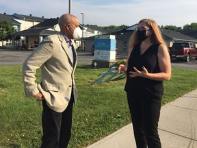 NDP federal candidate Tracey Ramsey, right, is joined by Canadian Labour Congress executive vice-president Larry Rousseau at Iler Lodge in Essex on Saturday, Aug. 28, 2021.