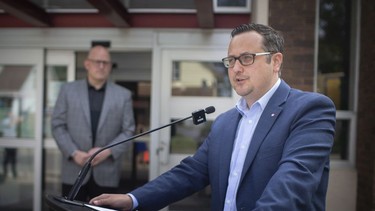 MP Irek Kusmierczyk makes an infrastructure spending announcement with Windsor mayor, Drew Dilkens outside the Gino and Liz Marcus Community Complex, on Tuesday, August 3, 2021.