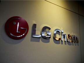 FILE PHOTO: The logo of LG Chem is seen at its office building in Seoul, South Korea, October 16, 2020.