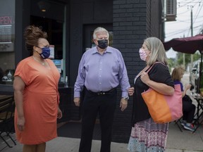 Ontario NDP leader, Andrea Horwath, newly announced Windsor-Tecumseh candidate Gemma Grey-Hall, left, and outgoing MPP, Percy Hatfield, visit Cafe Amor & Art on Ottawa Street after holding a press conference announcing Grey-Hall's candidacy, on Wednesday, August 11, 2021.