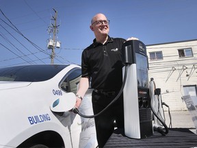 Windsor Mayor Drew Dilkens is shown at a press conference on Tuesday, August 17, 2021 where he announced the addition of 22 new electric vehicle charging spaces citywide.